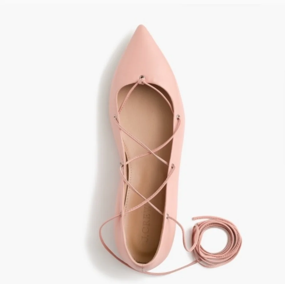 J. Crew Pointy Toe Pink Leather Lace-Up Ankle Wrap Ballet Flats Sz 9